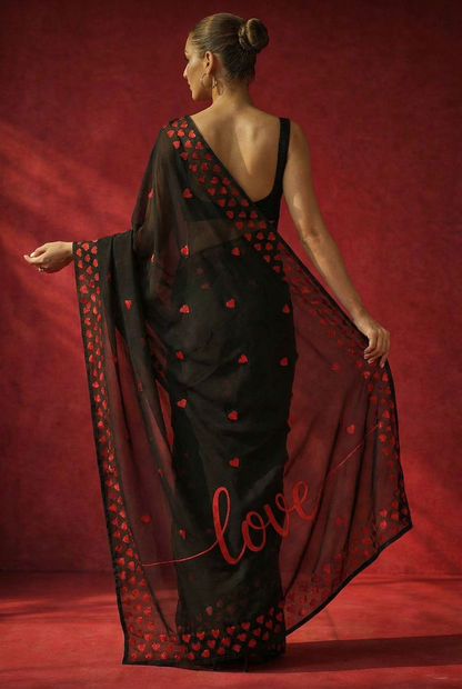 Black Red Hearts 'Love' Georgette Saree