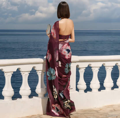 Plum Pansy Floral Print Ravelia Organza Saree