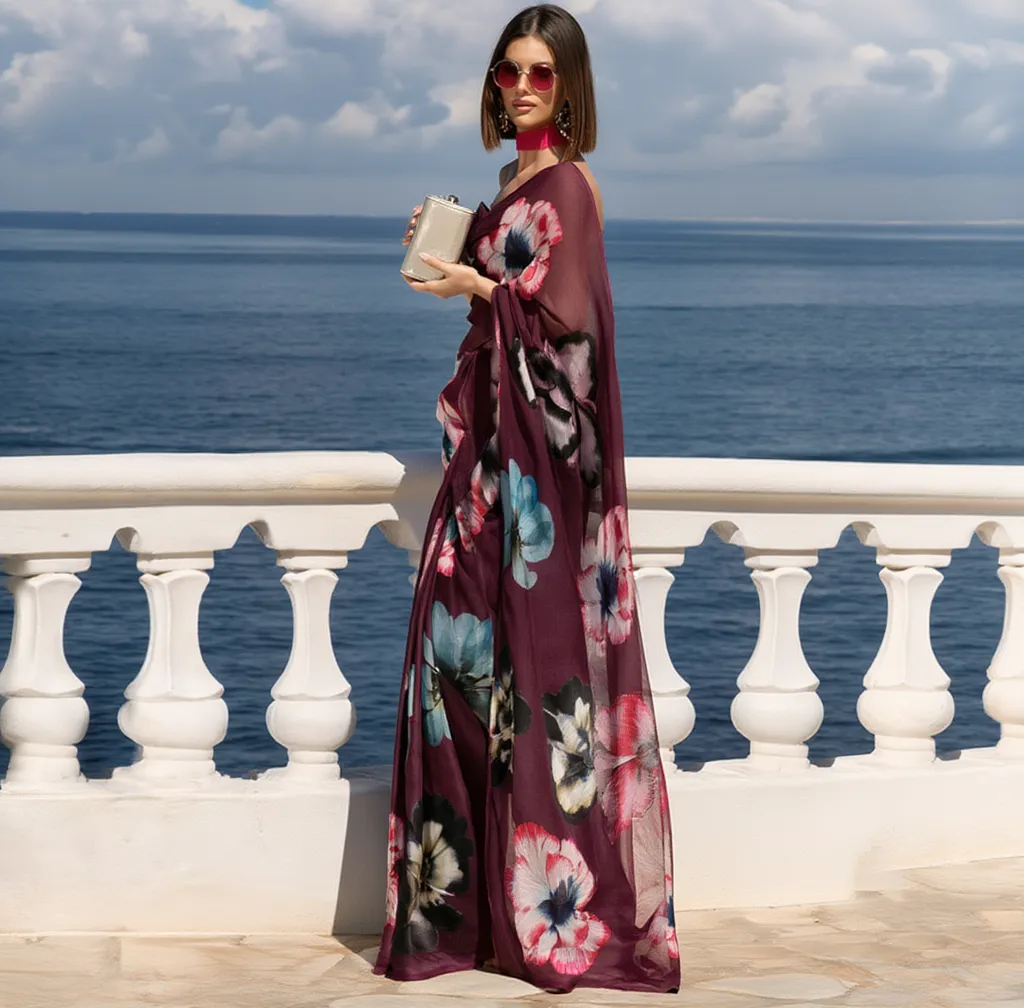 Plum Pansy Floral Print Ravelia Organza Saree