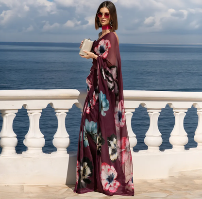 Plum Pansy Floral Print Ravelia Organza Saree