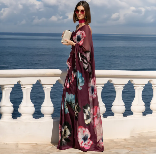 Plum Pansy Floral Print Ravelia Organza Saree