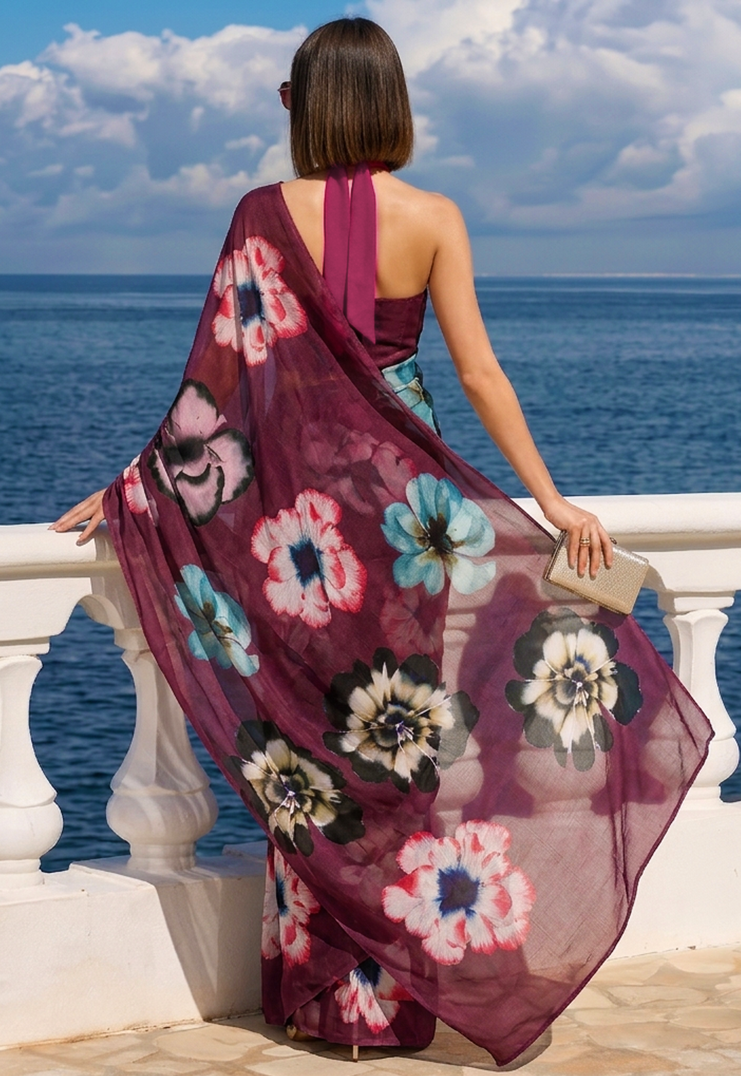 Plum Pansy Floral Print Ravelia Organza Saree