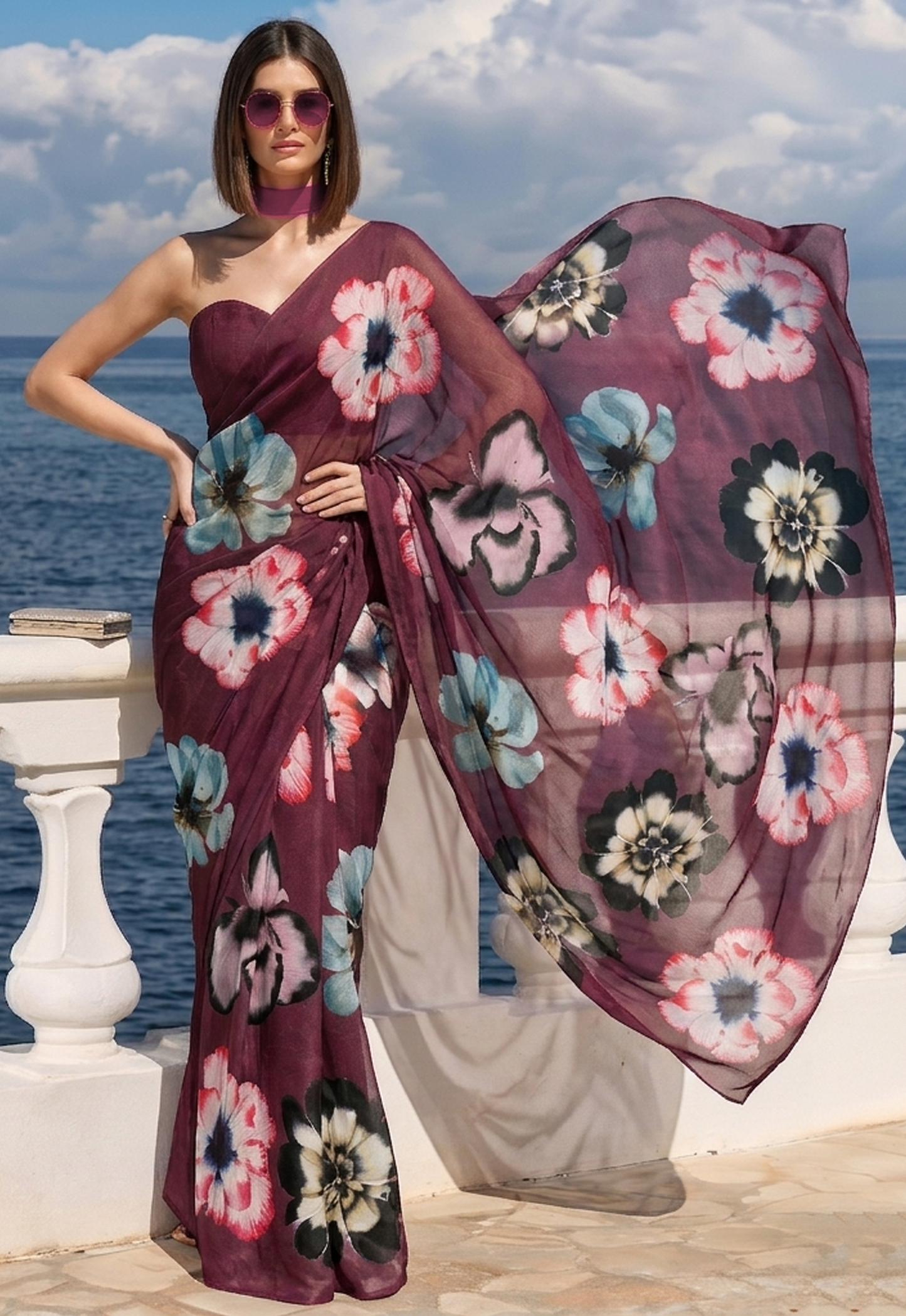 Plum Pansy Floral Print Ravelia Organza Saree