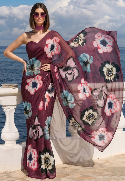 Plum Pansy Floral Print Ravelia Organza Saree
