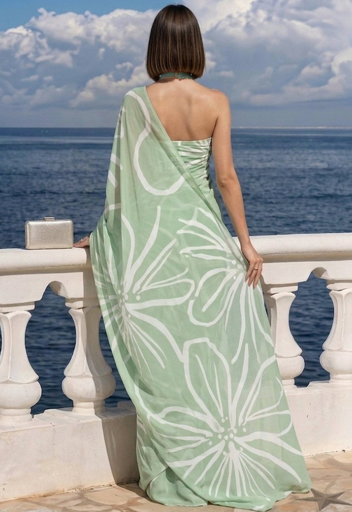 Sage Green Starburst Print Ravelia Georgette Saree