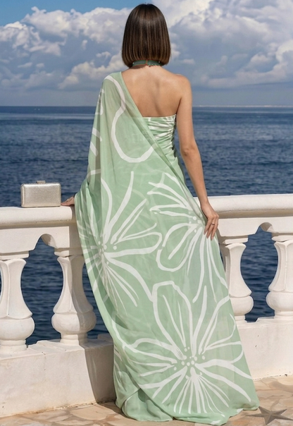 Sage Green Starburst Print Ravelia Georgette Saree