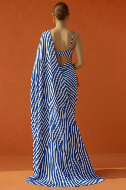 Blue & White Zebra Printed Silk Blend Saree