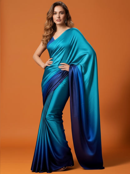 Turquoise Navy Blue Satin Silk Saree