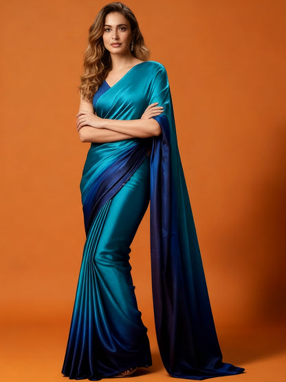 Turquoise Navy Blue Satin Silk Saree