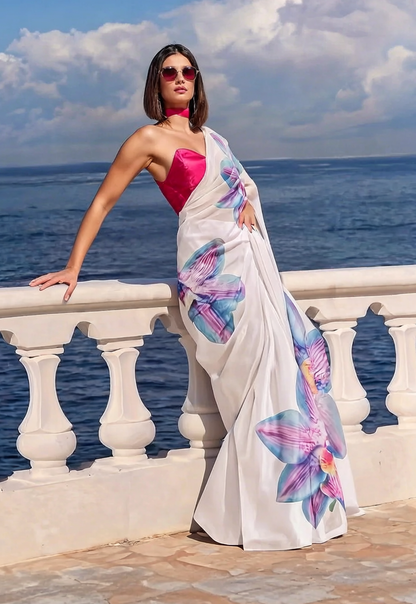 White Orchid Print Ravelia Silk Blend Saree