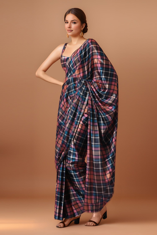 Multicolor Plaid Silk Blend Saree