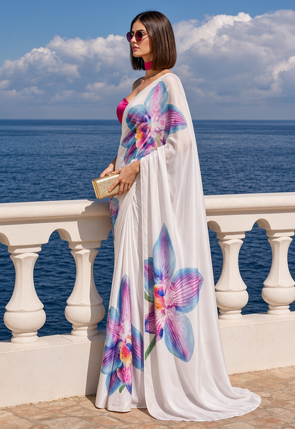 White Orchid Print Ravelia Silk Blend Saree