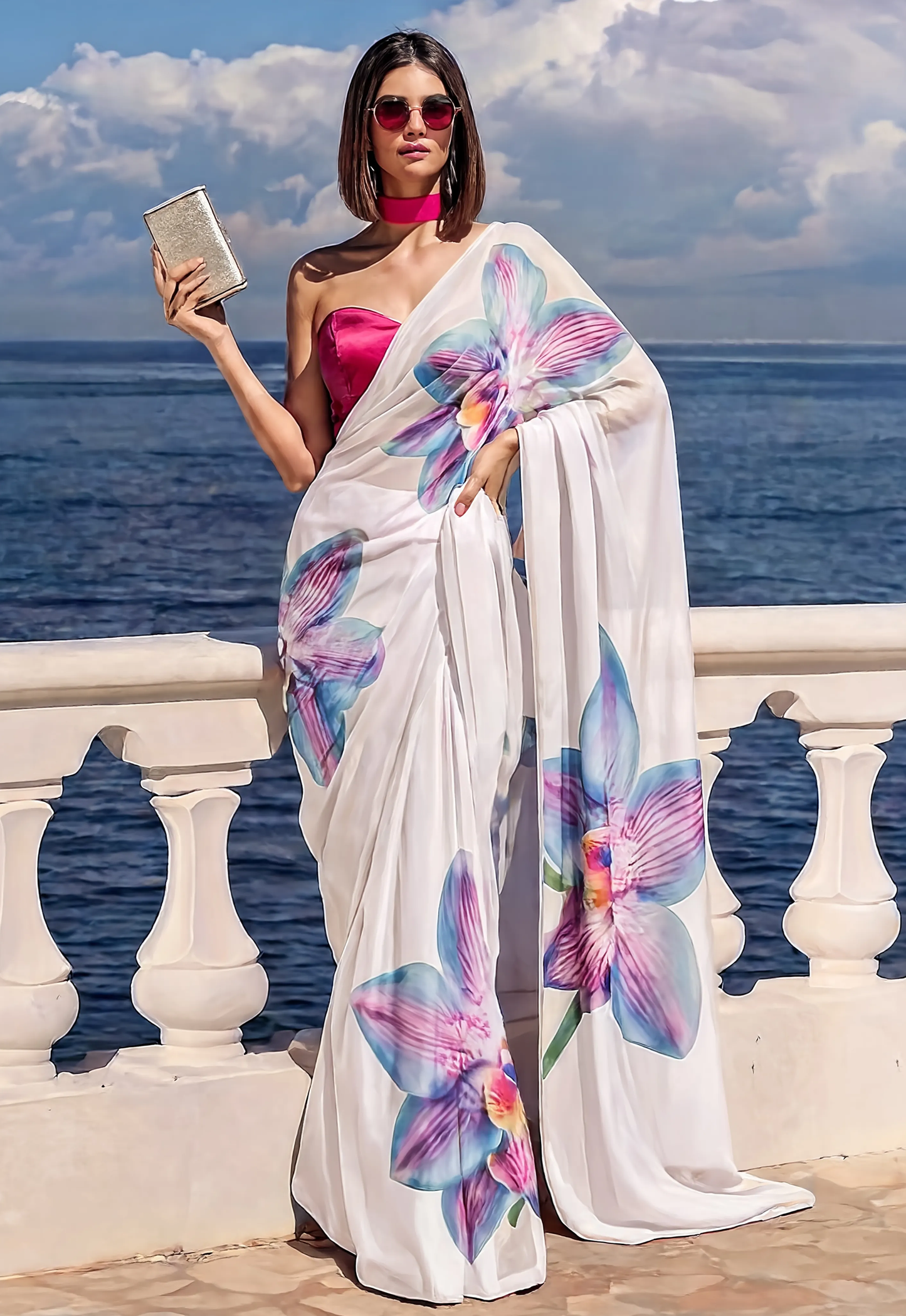 White Orchid Print Ravelia Silk Blend Saree