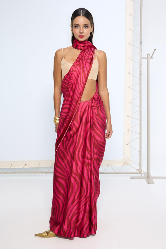 Pink Zebra Print Silk Blend Saree