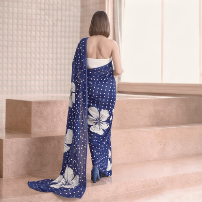Navy Blue Floral & Polka Dot Georgette Saree