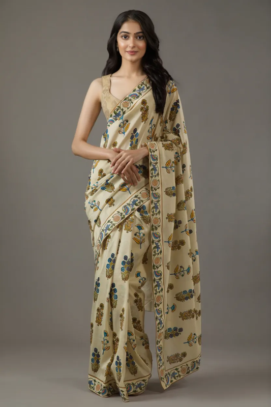 Beige Floral Silk Blend Saree with printed Border