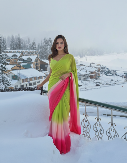 Lime Green to Pink Ombré Georgette Silk Saree - Gradient Party Wear