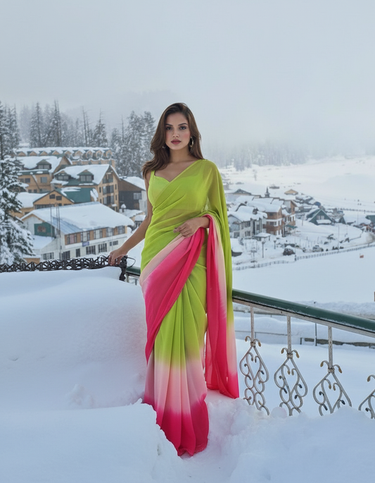 Lime Green to Pink Ombré Georgette Silk Saree - Gradient Party Wear