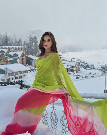 Lime Green to Pink Ombré Georgette Silk Saree - Gradient Party Wear