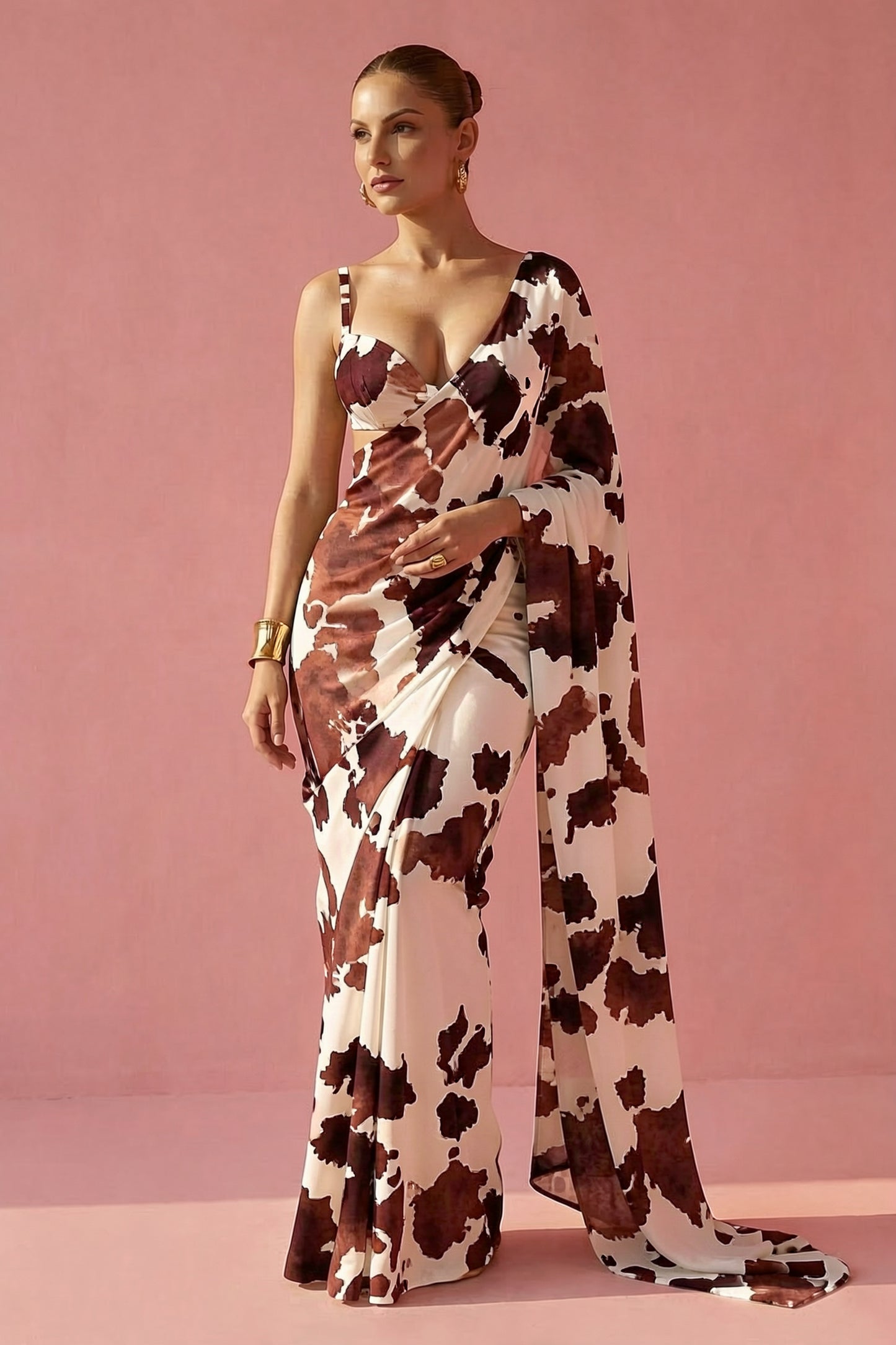Brown Cow Printed Silk Blend fabric Saree