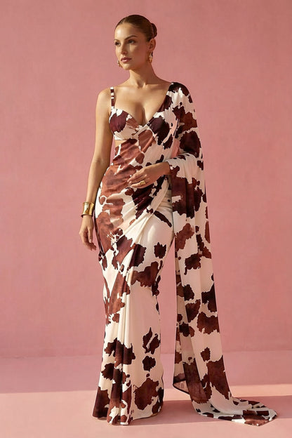 Brown Cow Printed Silk Blend fabric Saree