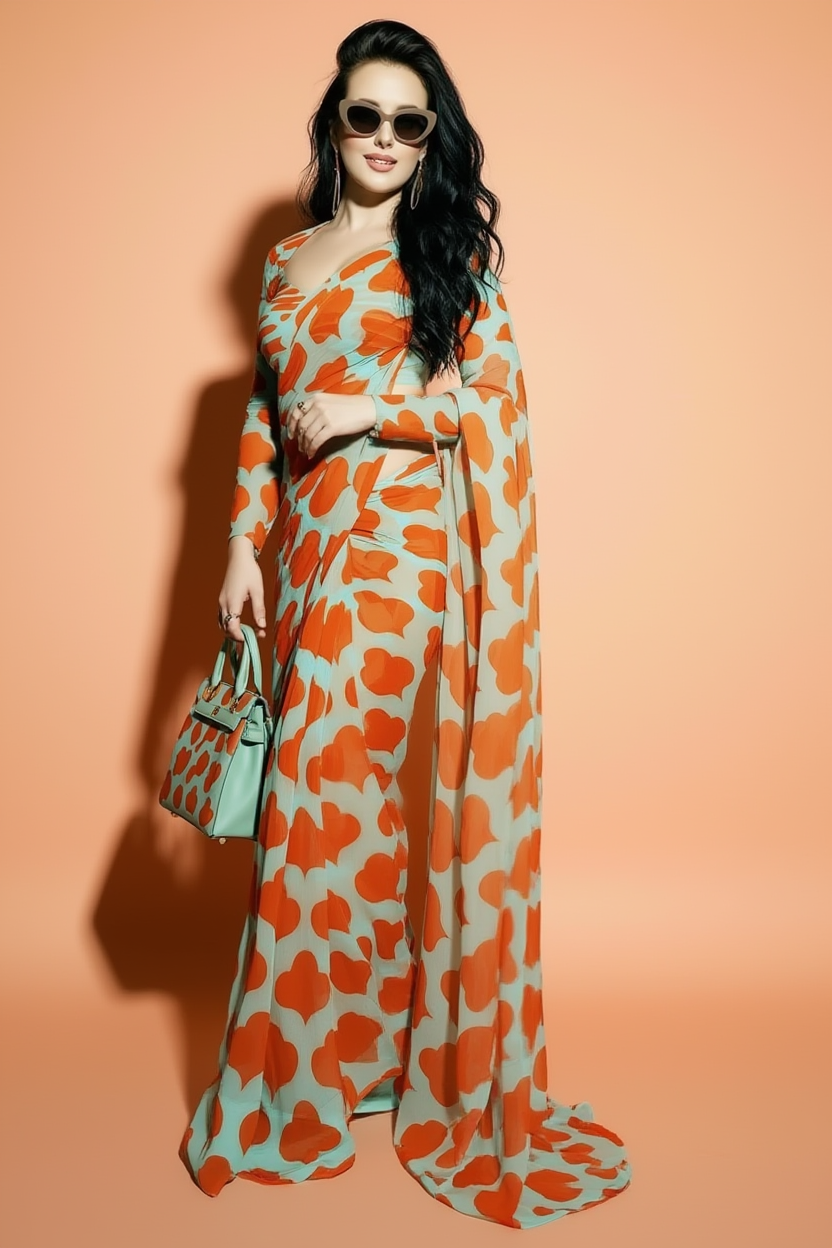 Mint Green and Orange Floral Printed Georgette Silk Saree