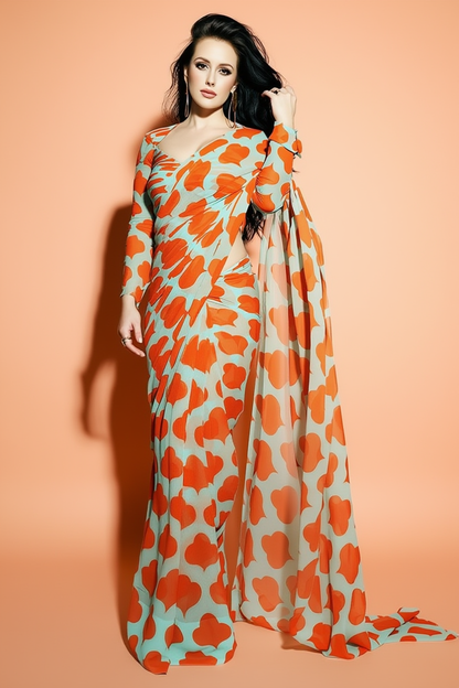 Mint Green and Orange Floral Printed Georgette Silk Saree