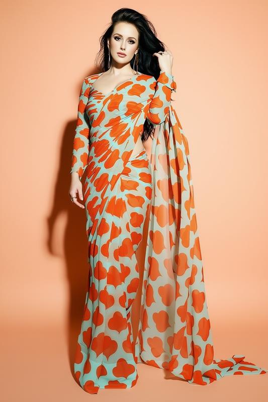 Mint Green and Orange Floral Printed Georgette Silk Saree