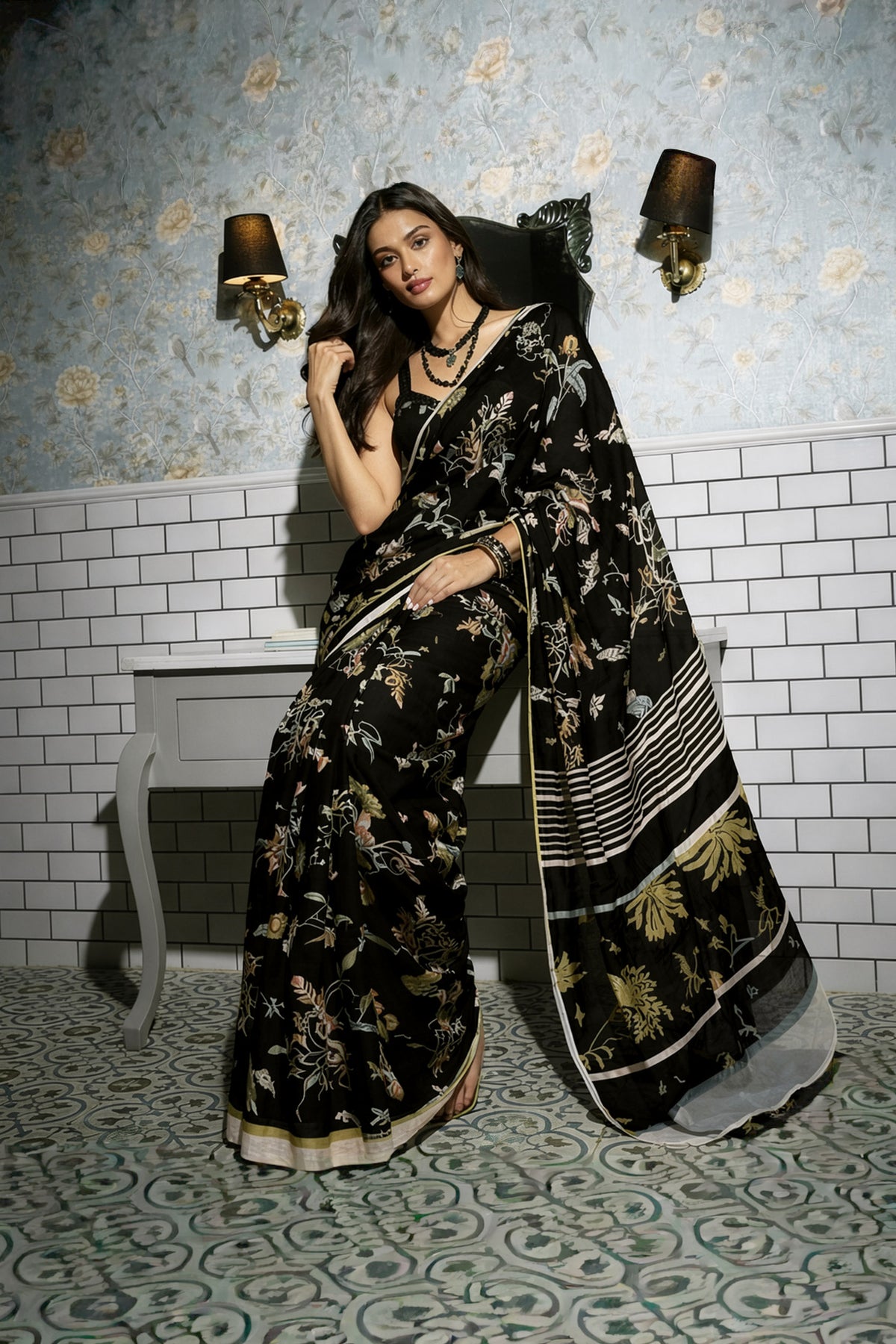 Midnight Garden Black Floral Silk Blend Saree