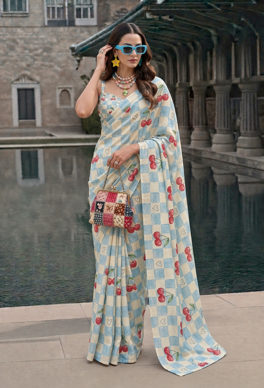 Cherry Blue Checkered Silk Blend Saree