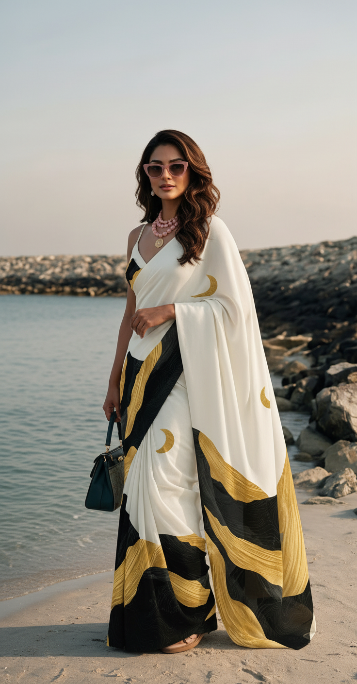 Ivory Black Yellow Abstract Silk Blend Saree