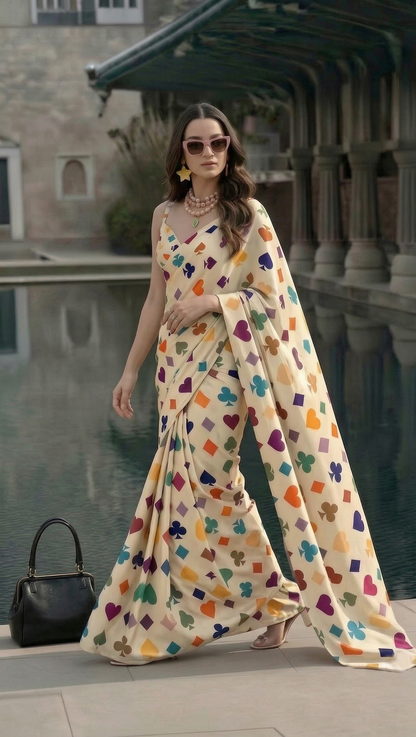 Trendy Poker Cards Print Saree | Modern Designer Saree for Women