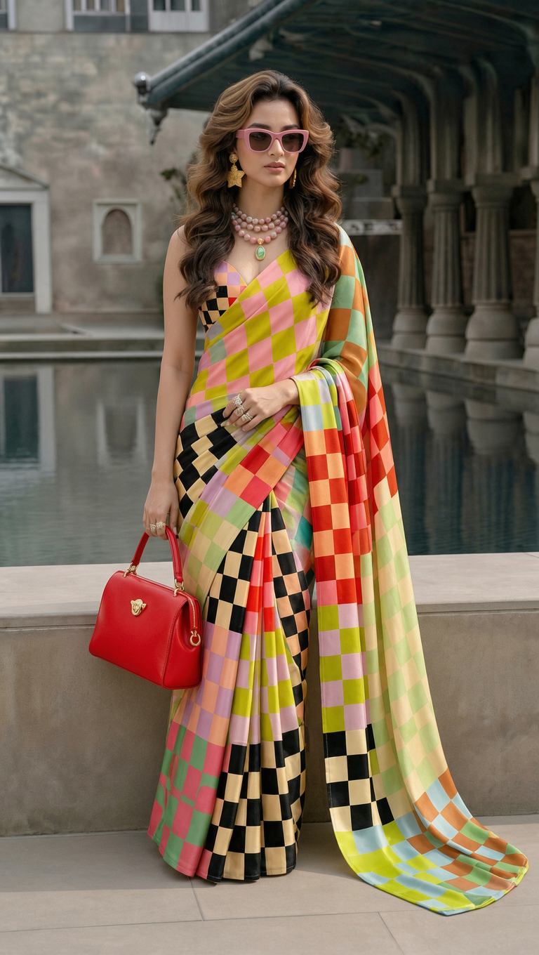Multicolour Checkered Silk Blend Saree