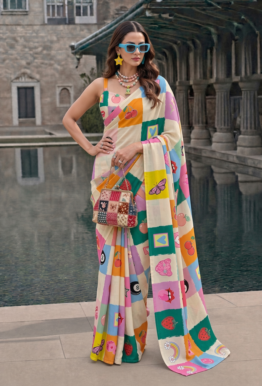 Pop Art Patchwork Printed Silk Blend Saree