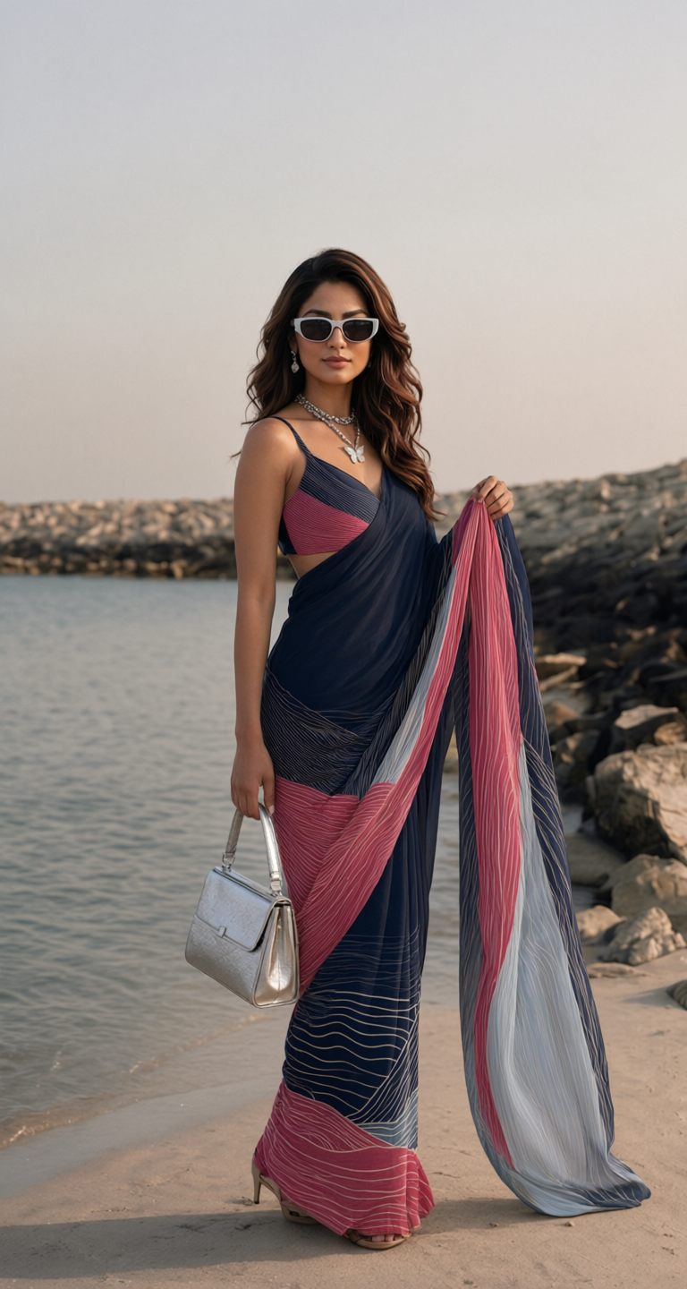 Navy Pink Wave Print Silk Blend Saree
