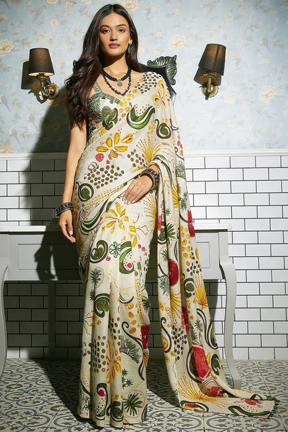 Ivory Mosaic Multicolour Paisley Silk Blend Saree