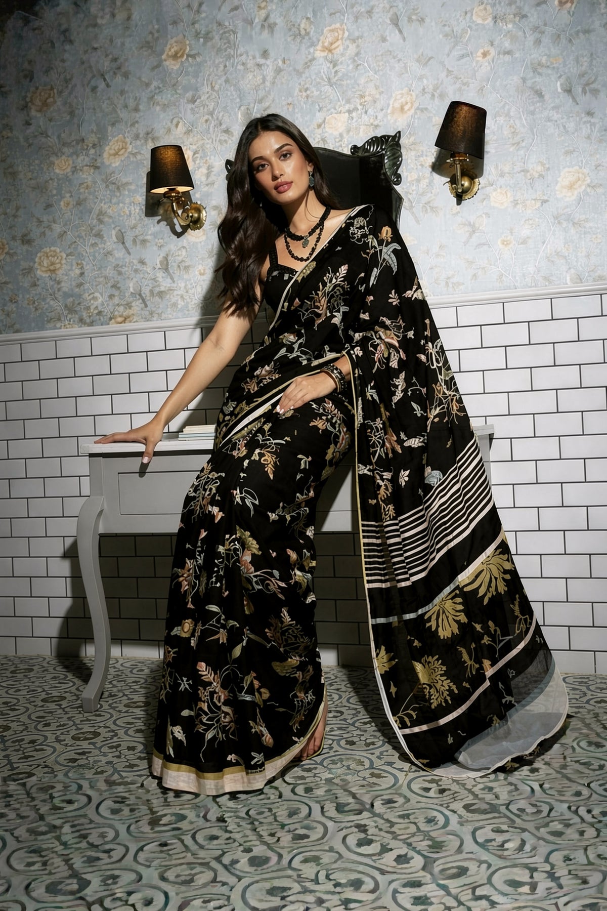 Midnight Garden Black Floral Silk Blend Saree