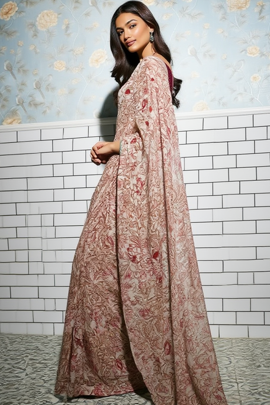 Cream Floral Print Georgette Saree