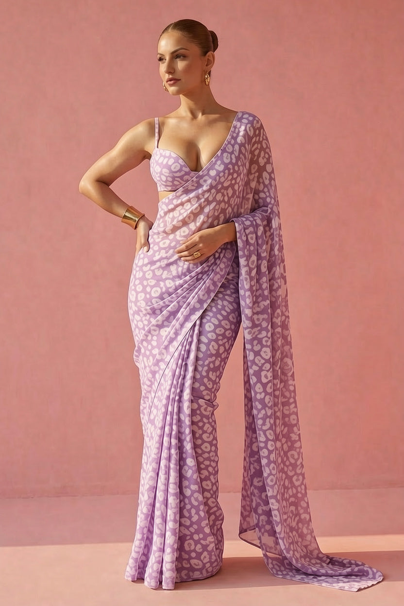 Lavender Leopard Print Silk Blend fabric Saree