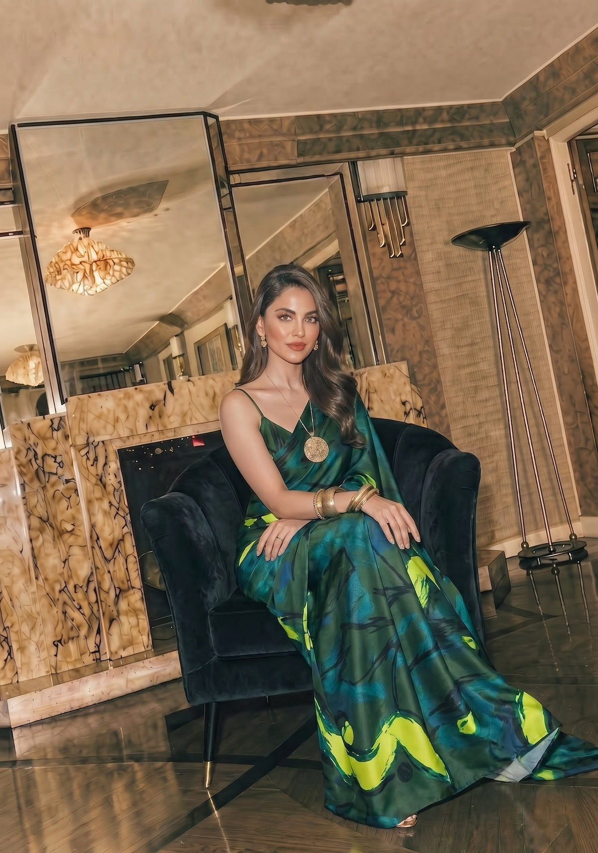 Dark Green Abstract Print Silk Blend Saree