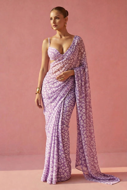 Lavender Leopard Print Silk Blend fabric Saree
