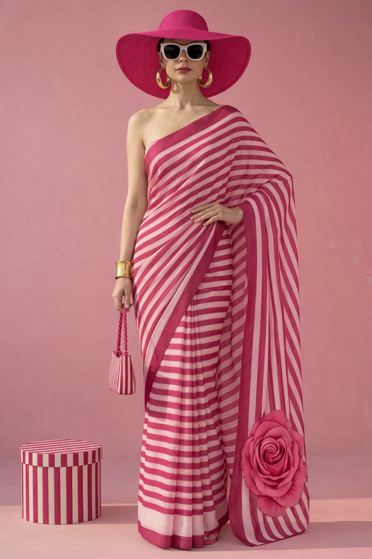 Striped Hot Pink Rose Silk Blend Saree
