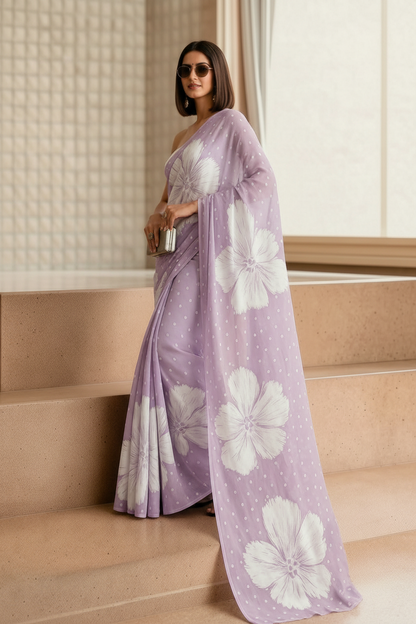 Lavender Floral & Polka Dot Georgette Saree