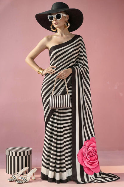 Black & White Striped Rose Silk Blend Saree