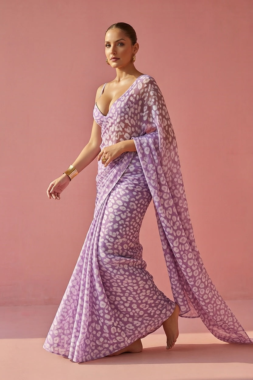 Lavender Leopard Print Silk Blend fabric Saree