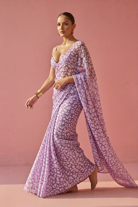 Lavender Leopard Print Silk Blend fabric Saree