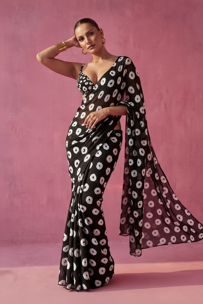 Black White Modern Pebble Dot Print Silk Blend fabric Saree