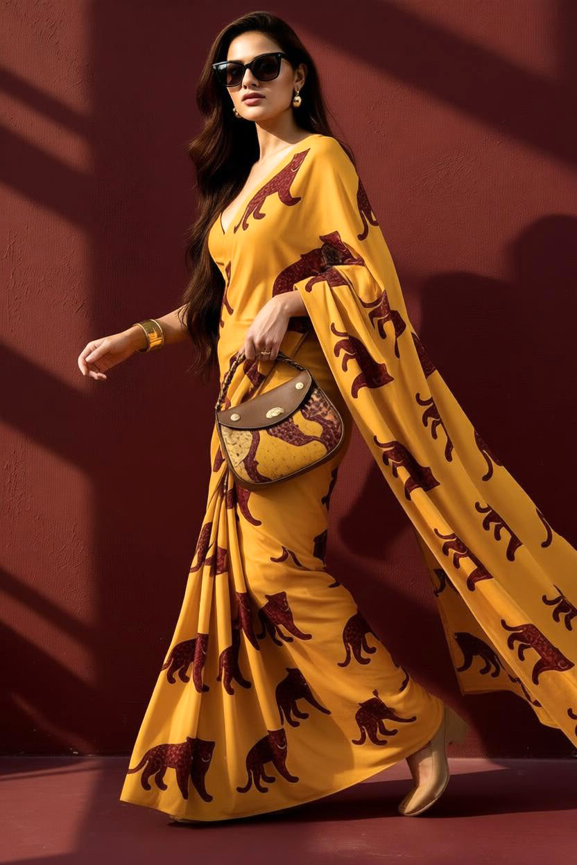 Yellow Maroon Leopard Silk Blend Saree