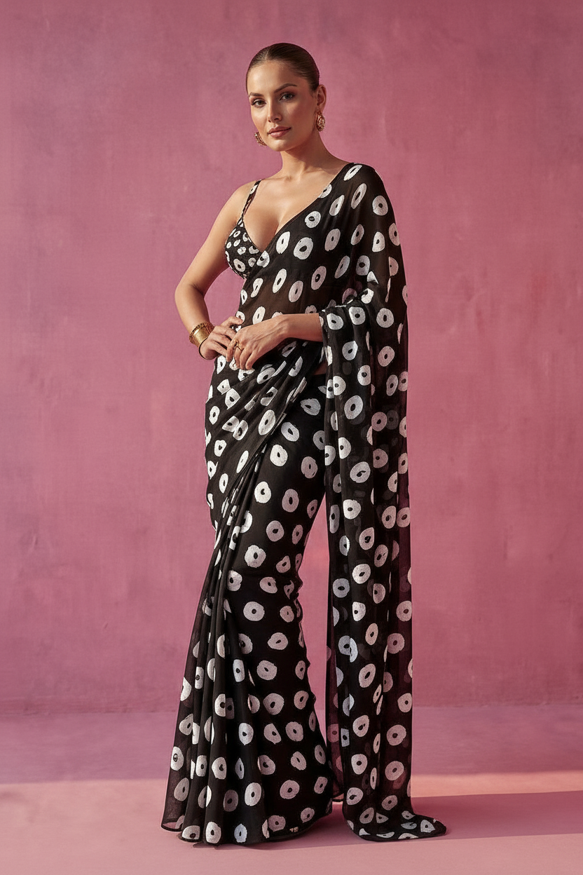 Black White Modern Pebble Dot Print Silk Blend fabric Saree