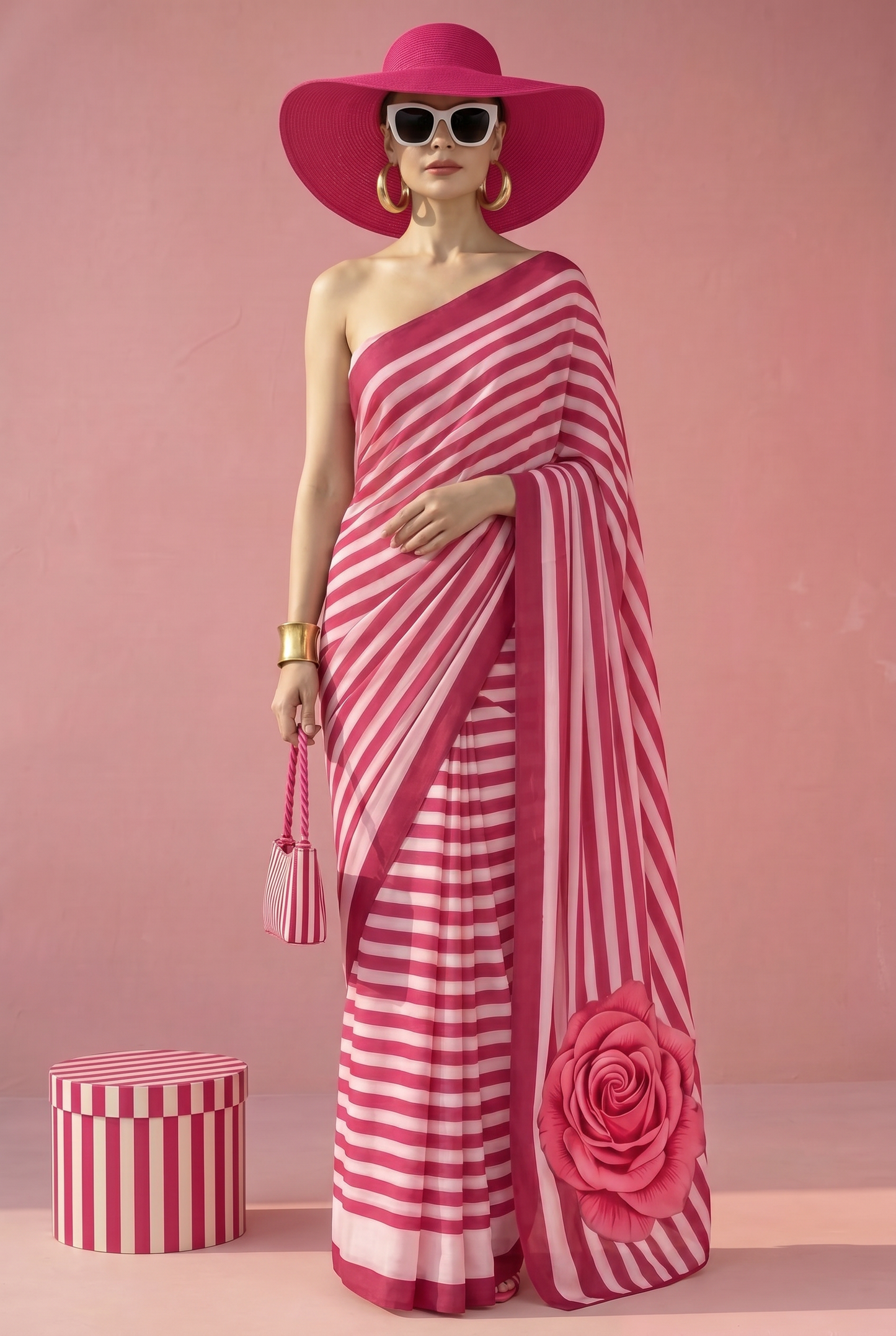 Striped Hot Pink Rose Silk Blend Saree